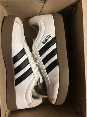 adidas White Sneakers with Black Stripes and Brown Gum Sole